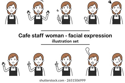 Vector illustration set of facial expressions of a female cafe staff in uniform, depicting various emotions such as happy, confused, angry, and sad, in a simple line art style on white background