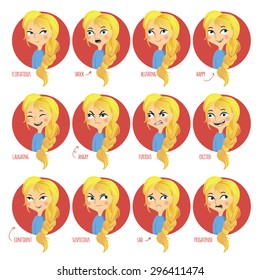 Vector illustration. Set of facial expressions of cute girl ( flirtatious, shock, blushing, happy, laughing, angry, furious, excited, confident, suspicious, sad, frightened).