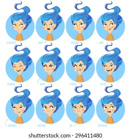 Vector illustration. Set of facial expressions of cute girl ( flirtatious, shock, blushing, happy, laughing, angry, furious, excited, confident, suspicious, sad, frightened).