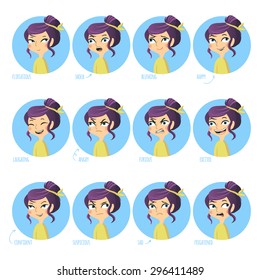 Vector illustration. Set of facial expressions of cute girl ( flirtatious, shock, blushing, happy, laughing, angry, furious, excited, confident, suspicious, sad, frightened).