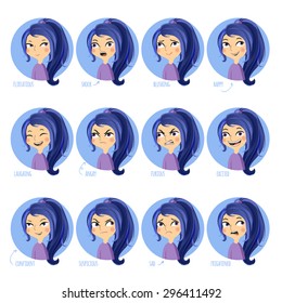 Vector illustration. Set of facial expressions of cute girl ( flirtatious, shock, blushing, happy, laughing, angry, furious, excited, confident, suspicious, sad, frightened).