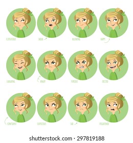 Vector illustration. Set of facial expressions of cute girl ( flirtatious, shock, blushing, happy, laughing, angry, furious, excited, confident, suspicious, sad, frightened).