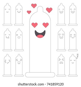 Vector illustration: set of  
facial features of condom with different emotions in linear style for your medical design isolated on white background.