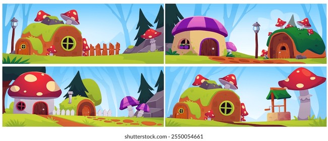 Ilustração vetorial de um conjunto de casas de contos de fadas de várias formas contra uma paisagem florestal. Bonitas cabanas de fantasia de elfos ou gnomos em estilo de desenho animado. Vila dos contos de fadas.