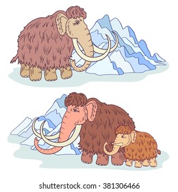 vector, illustration, a set of family mammoth, animal, ice age, young, mountain, design element, abstract, art