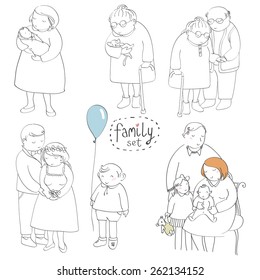 Vector illustration of a set of family members hand drawn, simple, cartoon style, artistic touch, isolated on white
