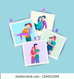 Vector illustration Set of family photos, loving couples, a set of portraits of young people. Instant photos pinned to the wall.