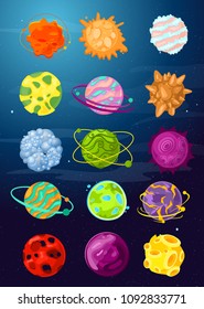 Vector illustration set of fantastic cartoon planets, asteroids, space objects in bright colors flat style.