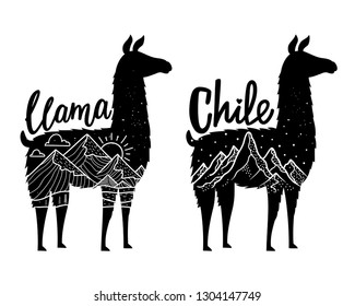 Vector illustration set with farm animal, outdoor mountain landscapes and words Chile and Llama. Typography posters, apparel monochrome print design