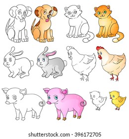 vector illustration set of farm animals, line art, coloring book for kids. Dog, cat, pig, hen, chicken, rabbit