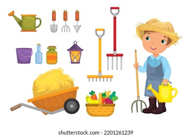 Vector illustration of set farmer and gardening tools