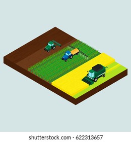  Ilustración vectorial. Conjunto de iconos de agricultores. Tractor en el campo - arar, espolvorear, combinar cosechas de trigo. Sistema de cultivo de plantas. Isometry, 3D.