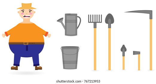 vector illustration. Set with a farmer and rural accessories: rake, shovel, scythe, bucket, ax