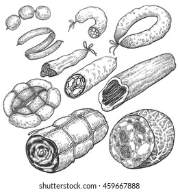 Vektorgrafik-Set für die Wurstwaren der Bauern. Wurst, Schinken, Würstchen, geräuchertes Fleisch, Speck einzeln auf weißem Hintergrund. Handzeichnung im Vintage-Stil. Objekte zur Lebensmittelsammlung.