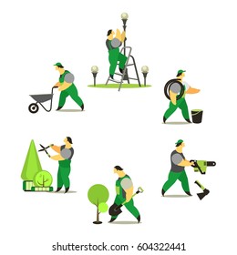 vector illustration set of farmers using agricultural tools for the care of parks and gardens growing crops Ready for a text