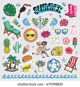 Vector illustration set of fashion patch badges. Cute sticker collection for summer. 