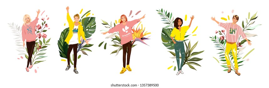 Vector illustration. Set Fashion teenage boys and girls with tropical leaves and flowers. Happy people isolated on white background. Detalized cartoon