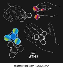 Vector illustration of Set fashionable trend for teenager. Fidget spinner with hand of hand drawn style with paint splashes. Design element for play. Fidgeting hand toy rotating on child is hand.