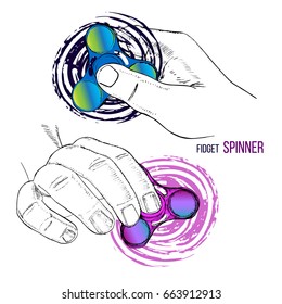 Vector illustration of Set fashionable trend for teenager. Fidget spinner with hand of hand drawn style with paint splashes. Design element for play. Fidgeting hand toy rotating on child is hand.