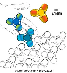 Vector illustration of Set fashionable trend for teenager. Fidget spinner with hand of hand drawn style with paint splashes. Design element for play. Fidgeting hand toy rotating on child is hand.