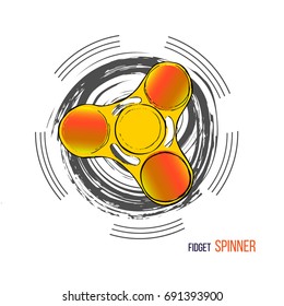 Vector illustration of Set fashionable trend for teenager. Fidget spinner of hand drawn style with paint splashes. Design element for play. Fidgeting hand toy rotating.