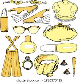 vector illustration a set of fashionable women clothes-bracelet,lipstick,shoes,blouse,glasses,handbag,perfume,ring,scarf,trousers,pen and earrings in yellow color