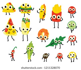 Vector illustration set of fast food and vegetable ingredients cartoon characters in flat style isolated on white background - various cute emoticons of junk and vegetarian meals.