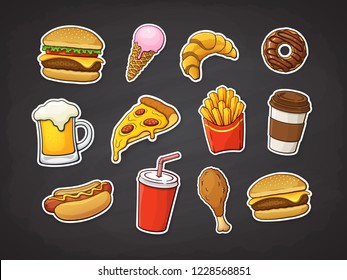  Ilustración vectorial. Conjunto de comida rápida. Pieza de pizza, hamburguesa, perro caliente, hamburguesa, papas fritas, donut, pierna de pollo frita, cerveza, helado, croissant, taza de refresco, café. Pegatinas con contorno