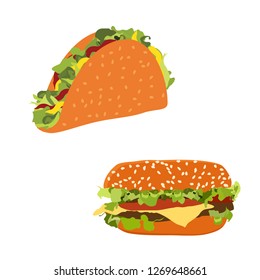 Vector illustration set of fast food illustrations burger hamburger or cheeseburger and traditional mexican fast food taco isolated on white background.