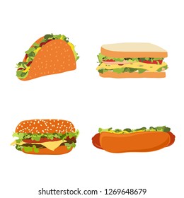 Vector illustration set of fast food illustrations hotdog, sandwich, burger hamburger or cheeseburger and traditional mexican fast food taco isolated on white background.