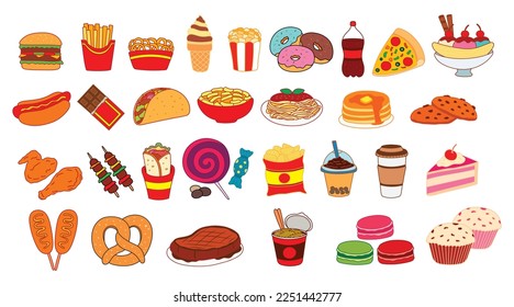 Vector illustration set Of Fast Food Dishes with Drinks and Desserts Collection with burger and pizza, popcorn hot dog and coke drink with donut, cup noodles and steak, French fries and taco