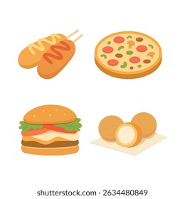 Vector illustration set of fast food. Cheeseburger, crispy cheese balls, a pizza, and corn dogs. Isolated on a white background. Ideal for menu design, food-related apps, or culinary content.