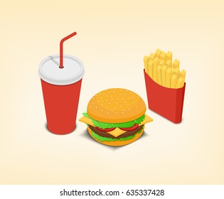 Vector illustration. Set of fast food icons. Burger, French fries, cold drink. Isometry, 3D.