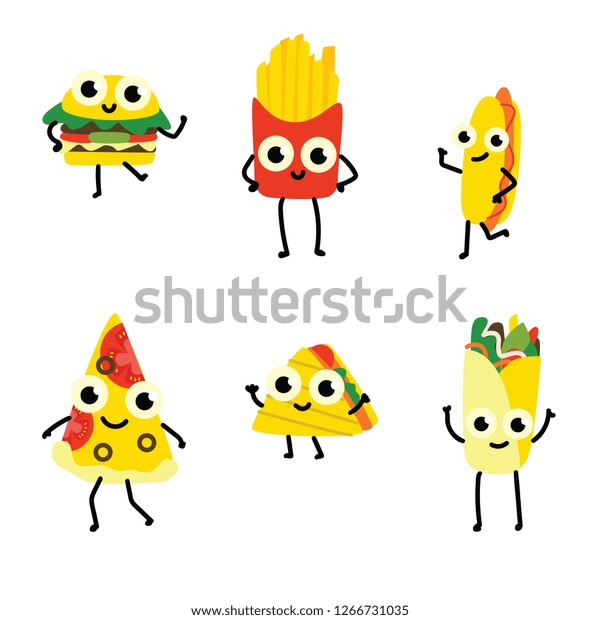 Vector illustration set of fast food cartoon characters in flat style