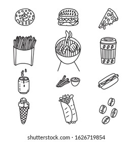 Vector Illustration set of fast-food doodle in black outline on white background, sketch coffee and  donats, barbecue and pizza