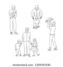 Vector illustration set of fathers with their children isolated on white background in sketch line style. Hand drawn young dad holding and playing with his kids for happy family concept.