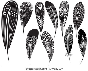 Vector illustration of a set of feathers in black and wight graphic style
