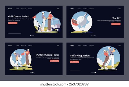 Vector illustration set features scenes from a golf course including arrival, teeing off, putting focus, and swing action. Ideal for sports event promotions or lifestyle content.
