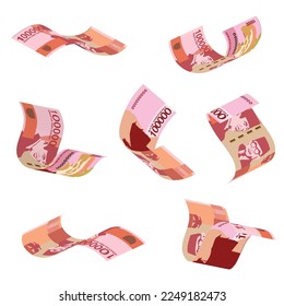 Vector illustration set featuring 100,000 Indonesian Rupiah (IDR) banknotes floating and flying in various dynamic angles. Each red-toned paper bill is rendered with detailed curves, folds, and realistic motion effects against a plain white background. Ideal for financial concepts, banking promotions, economic growth graphics, wealth themes, and Southeast Asian currency design projects.
