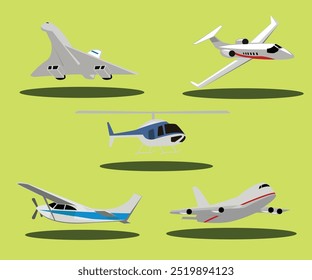 Um conjunto de ilustrações vetoriais com aviões e helicópteros em vários estilos e ângulos. Linhas limpas, cores vibrantes e projetos detalhados o tornam ideal para projetos com temas de aviação, aplicativos