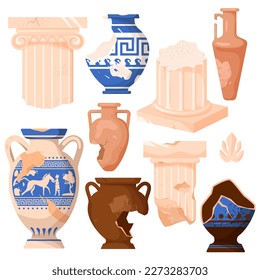 conjunto de ilustraciones vectoriales con columnas y ánforas romanas y griegas antiguas. jarrones de cerámica rota al estilo de las caricaturas y vasijas de arcilla para el vino, decorados con patrones tradicionales antiguos