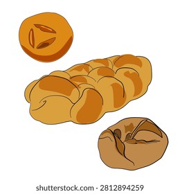 Vector illustration set featuring assorted baked bread including braided loaf, artisan bread roll, and round bun with decorative scoring. Fresh bakery products isolated on white background.