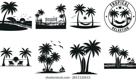 Vector illustration set featuring beach volleyball, hammocks, sunset views, sailing boats, and tropical island scenery.