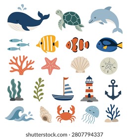 Vector illustration set featuring birds animals plants and nature symbols
