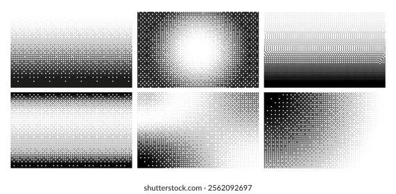 Vector illustration of a set featuring black and white raster pixel backgrounds with linear and radial gradients. Abstract grunge wallpapers in Y2K aesthetics. Retro overlay.