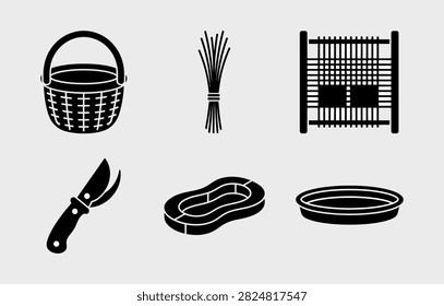 A vector illustration set featuring black silhouette icons representing traditional wickerwork, weaving materials, crafting tools, and basketry equipment.
