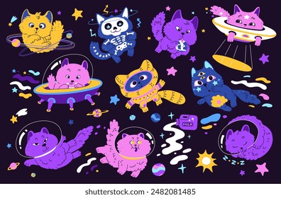 Vector illustration set featuring cats in space, each uniquely accessorized and engaging in cosmic activities like orbiting planets, floating in zero gravity, and riding shooting stars