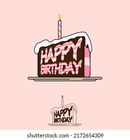 A vector illustration set featuring a chocolate cake slice with pink frosting and a lit candle for a birthday celebration. The design includes bold Happy Birthday typography styled as icing on a pink background. This high quality confectionery graphic set is ideal for greeting cards, party invitations, bakery branding, and festive social media content.