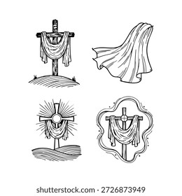 Conjunto de ilustrações vetoriais com cruzes cristãs cobertas com tecido e elementos religiosos radiantes. Adequado para estampas de Páscoa, materiais da igreja, marca baseada na fé e projetos de férias.