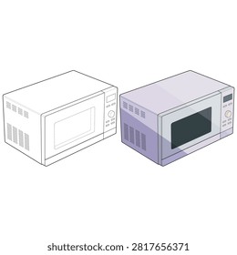 Vector illustration set featuring a countertop microwave oven in outline and colored versions isolated on a white background. Suitable for kitchen appliance, home cooking, packaging, branding, UI, editorial, educational, and microstock design projects.